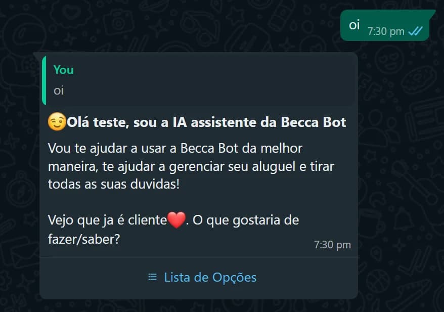 Conversación con la IA asistente de Becca Bot y el botón Lista de Opções al final del mensaje