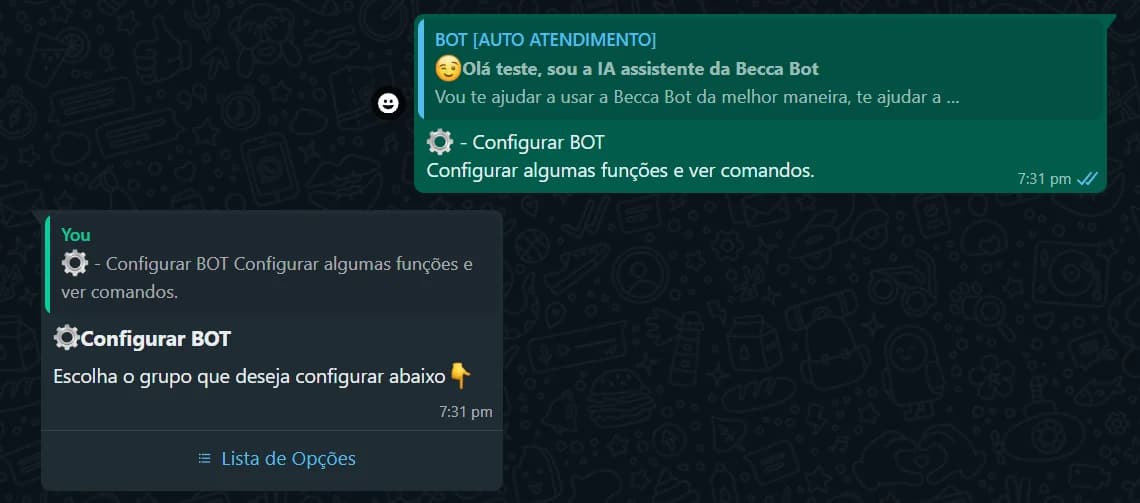 La opción Configurar BOT elegida y el bot preguntando qué grupo deseas configurar