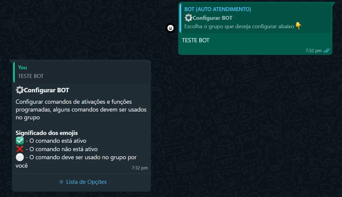 Grupo seleccionado y la leyenda de los emojis: comando activo, comando inactivo y comando que debe usarse en el grupo