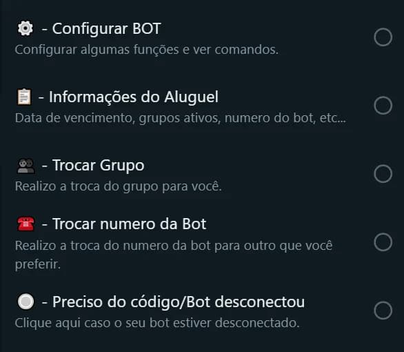Lista de opciones de la atención: Configurar BOT, Informações do Aluguel, Trocar Grupo, Trocar numero da Bot y Preciso do código/Bot desconectou