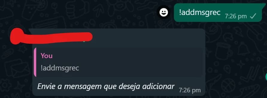 El comando !addmsgrec y el bot pidiendo el mensaje que se va a agregar
